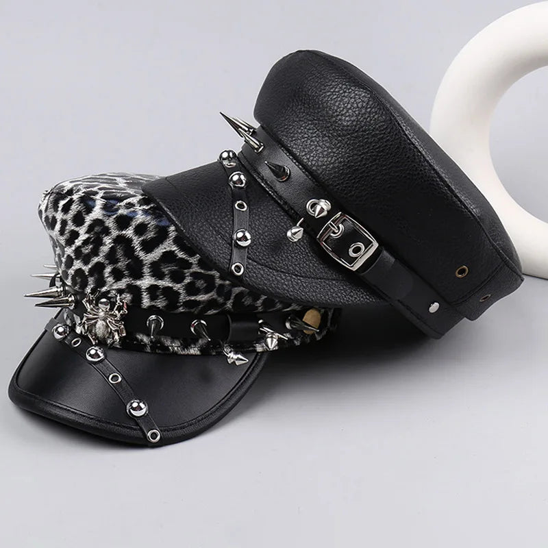 Women Punk Visors New Trendy Hip-hop Flat Top Visors Fashionable Retro Personalized Cool Y2K Leather Rivet Leopard Caps Berets