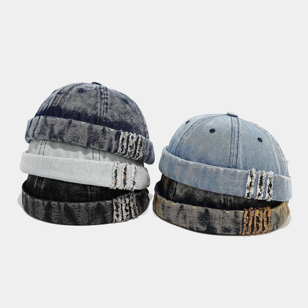 Retro Denim Docker Cap Splicing Style Brimless Caps Without Visor Leopard Beanie Hat Hats Adjustable Street Cool Vintage