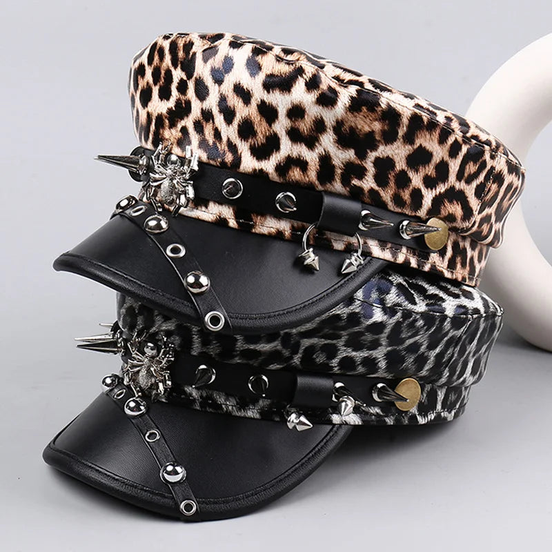 Women Punk Visors New Trendy Hip-hop Flat Top Visors Fashionable Retro Personalized Cool Y2K Leather Rivet Leopard Caps Berets